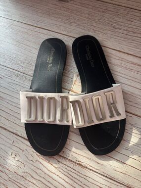 Dior White Strap Black Footbed Logo Slide Sandals